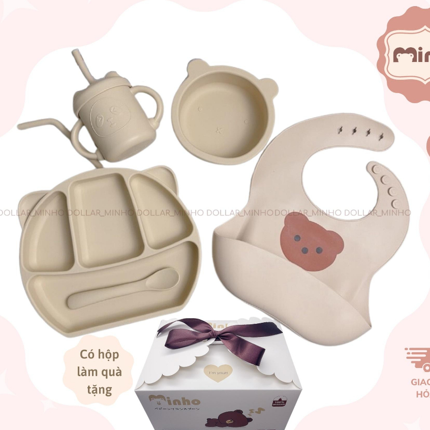 Bộ Ăn Dặm Cho Bé yêu, Combo Ăn Dặm Bát-Khay-Yếm-Thìa-Cốc Silicone Cao Cấp có đế hít chống đổ