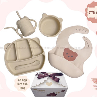 Bộ ăn dặm cho bé yêu, combo ăn dặm bát-khay-yếm-thìa-cốc silicone cao cấp có đế hít chống đổ