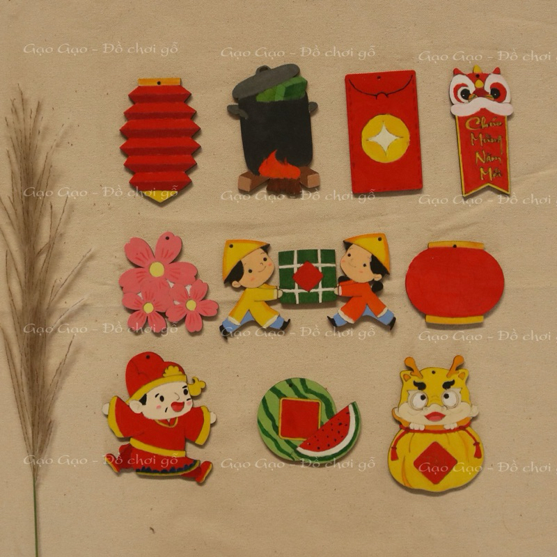 Set tô màu gỗ trang trí tết 2024- Set trang trí tết bằng gỗ - Decor - Tô màu sáng tạo Trang trí tết