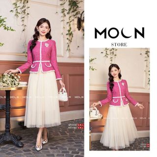  Áo khoác dạ tweet nữ mix chân váy thiết kế Moon áo chất dạ tweet nhung trang trí bo viền MVE630 chân váy lưới MCV382 