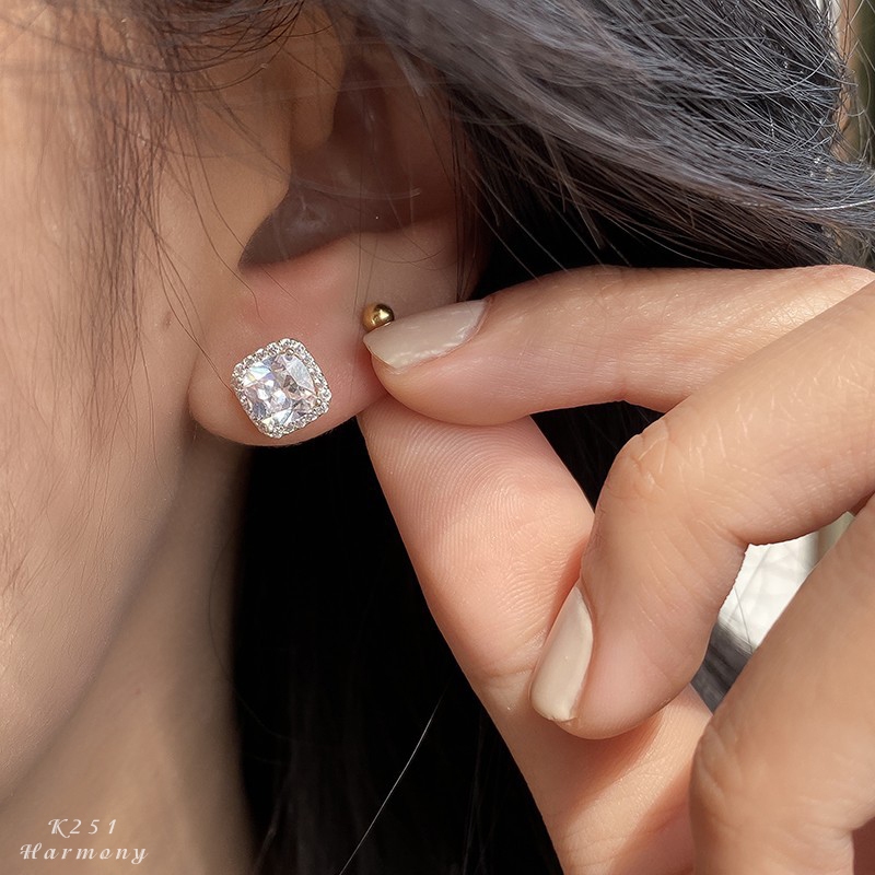 Khuyên tai nữ bạc 925 hình vuông đính đá lấp lánh | HARMONY ACCESSORIES K251