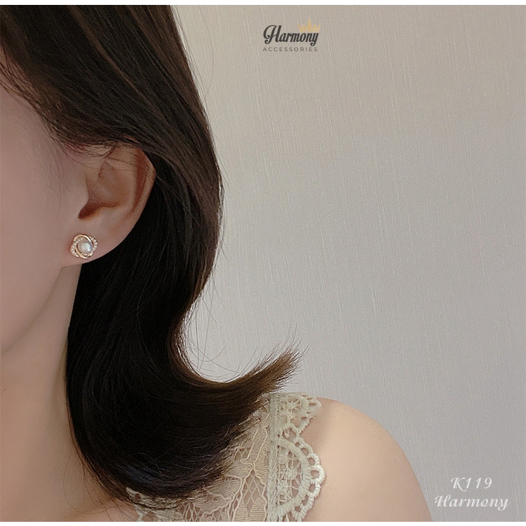 Bông tai ngọc trai nhân tạo bạc nữ tính đá mạ vàng Lenna K119| HARMONY ACESSORIES