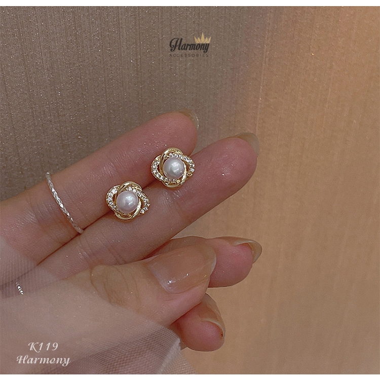 Bông tai ngọc trai nhân tạo bạc nữ tính đá mạ vàng Lenna K119| HARMONY ACESSORIES