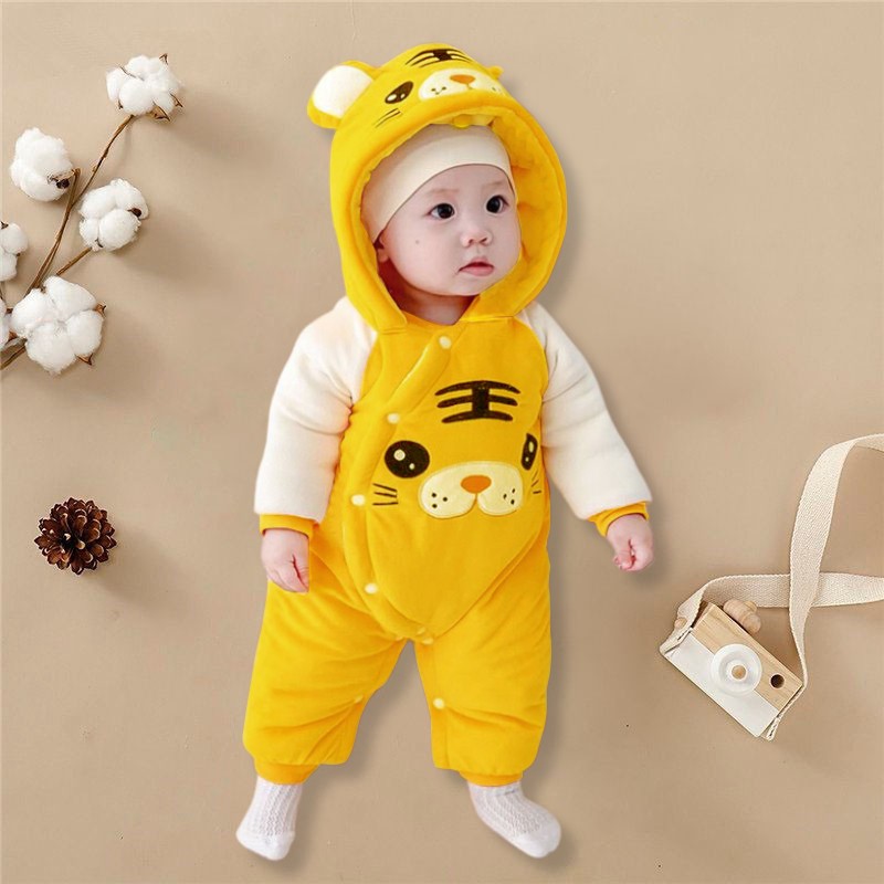 Bodysuit cho bé dài tay DAKIMI kèm mũ HÌNH HỔ ấm áp, body NỈ BÔNG cho bé trai bé gái mẫu quần áo sơ sinh cho bé 0-12M