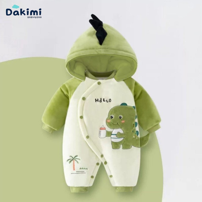 Bodysuit cho bé dài tay DAKIMI kèm mũ HÌNH HỔ ấm áp, body NỈ BÔNG cho bé trai bé gái mẫu quần áo sơ sinh cho bé 0-12M