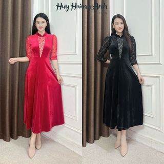 Đầm Trung Niên Sang Trọng Cao Cấp Đẹp,Váy Nữ Cho Mẹ Nhung Kết Hợp Ren Dáng Suông Truyền Thống Dự Tiệc Công Sở NXM