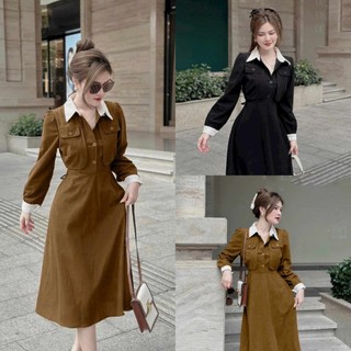 Đầm xòe nữ cổ sơ mi rút dây eo phối cổ tay dài sang trọng thanh lịch
