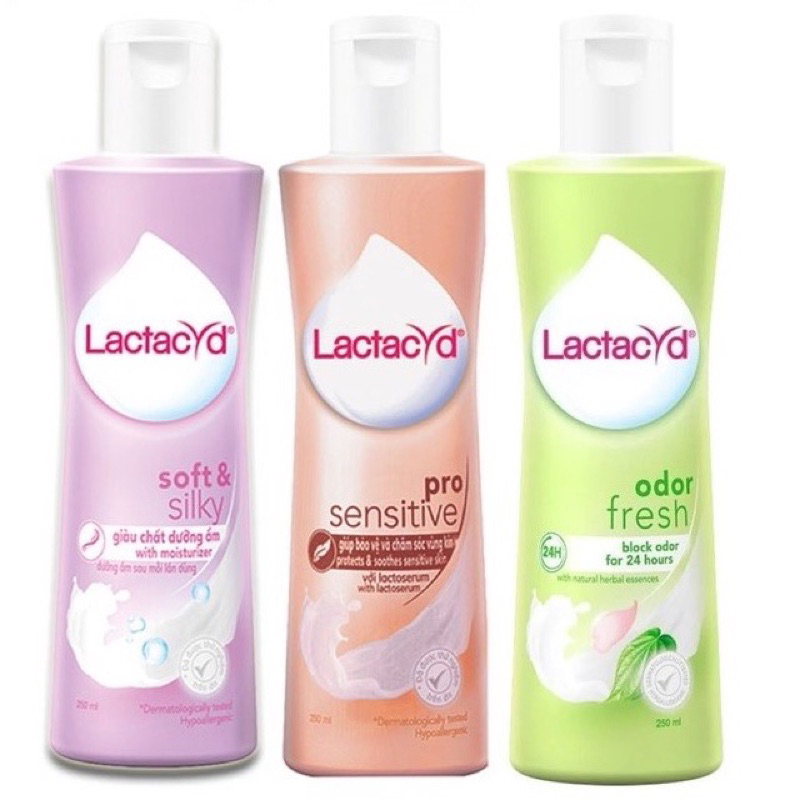 Dung Dịch Vệ Sinh Lactacyd Soft & Silky Dưỡng Ẩm 250ml + Odor Fresh Ngăn Mùi + Pro Sensitive Da Nhạy Cảm 250ml