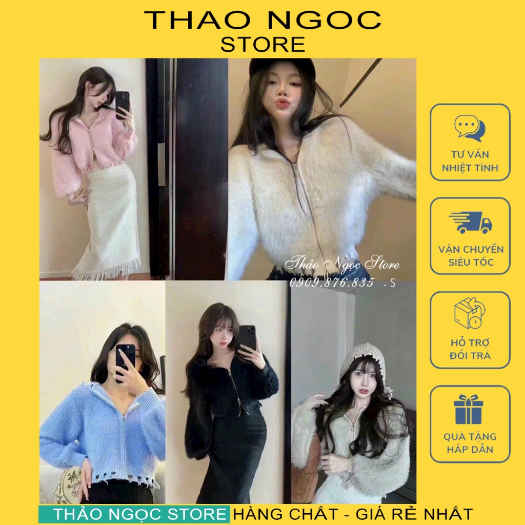 Áo khoác len lông croptop có mũ line rách hàng nhập QC. (có sẵn, hình thật) THẢO NGỌC STORE