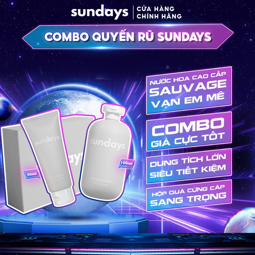 Combo Sữa Tắm Gội Nam Sundays - Combo Quyến Rũ - Sữa tắm gội nam 2in1 hương Sauvage 500ml + Sữa rửa mặt nam 80ml