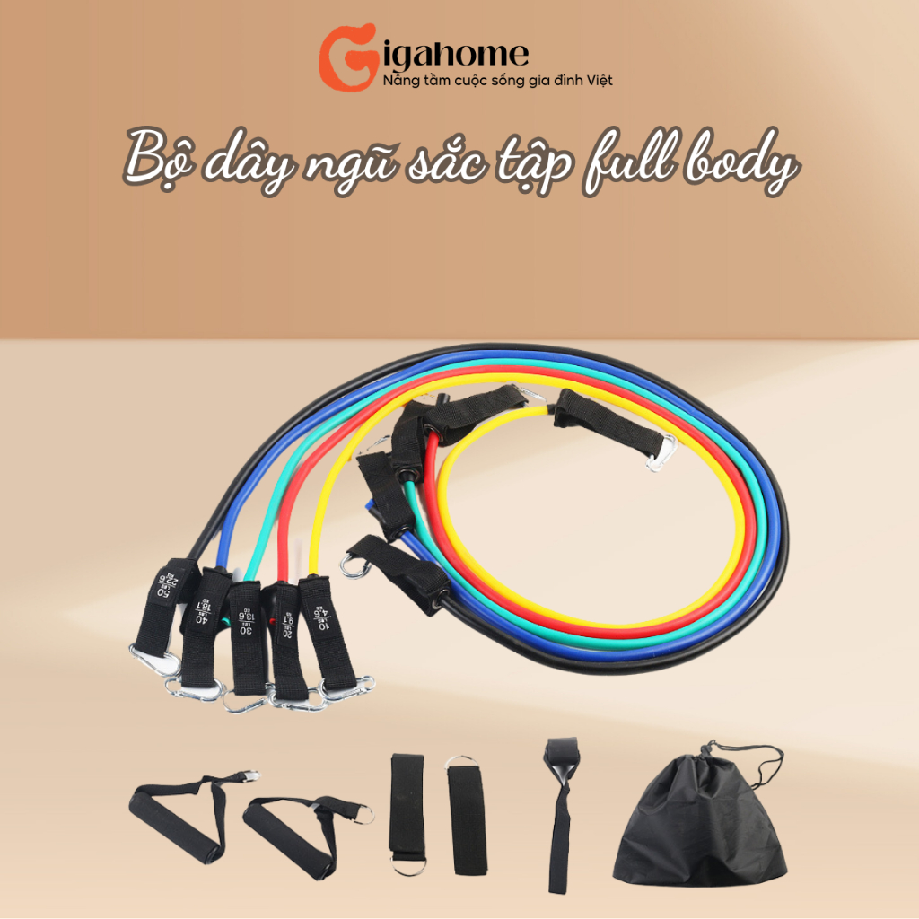 Bộ 5 Dây Ngũ Sắc Đàn Hồi Kháng Lực Tập Gym Gồm 11 Chi Tiết GIGAHOMEVN 6031