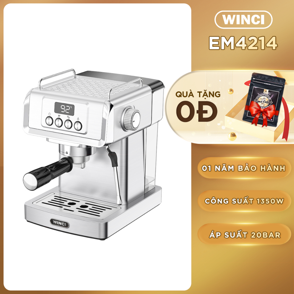 Máy pha cà phê Espresso WINCI EM4214, Vỏ Inox, áp lực nén 20 Bar, Bảo hành 12 tháng chính hãng.