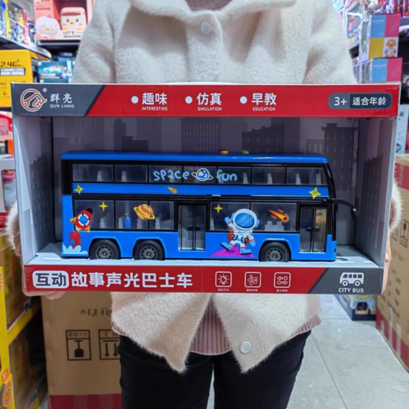 Đồ chơi xe buýt hai tầng dùng pin, phát nhạc, chạy cót có video clip, ảnh thật