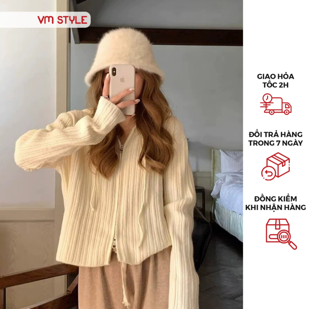 Áo khoác len nữ VMSTYLE cardigan croptop tay dài có nón dây kéo kiểu trơn, đơn giản, giữ ấm đi chơi, dạo phố - ALU00269