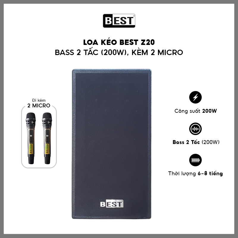 Loa kéo Best Z20 | Bass 2 Tấc (200W), Kèm 2 Micro