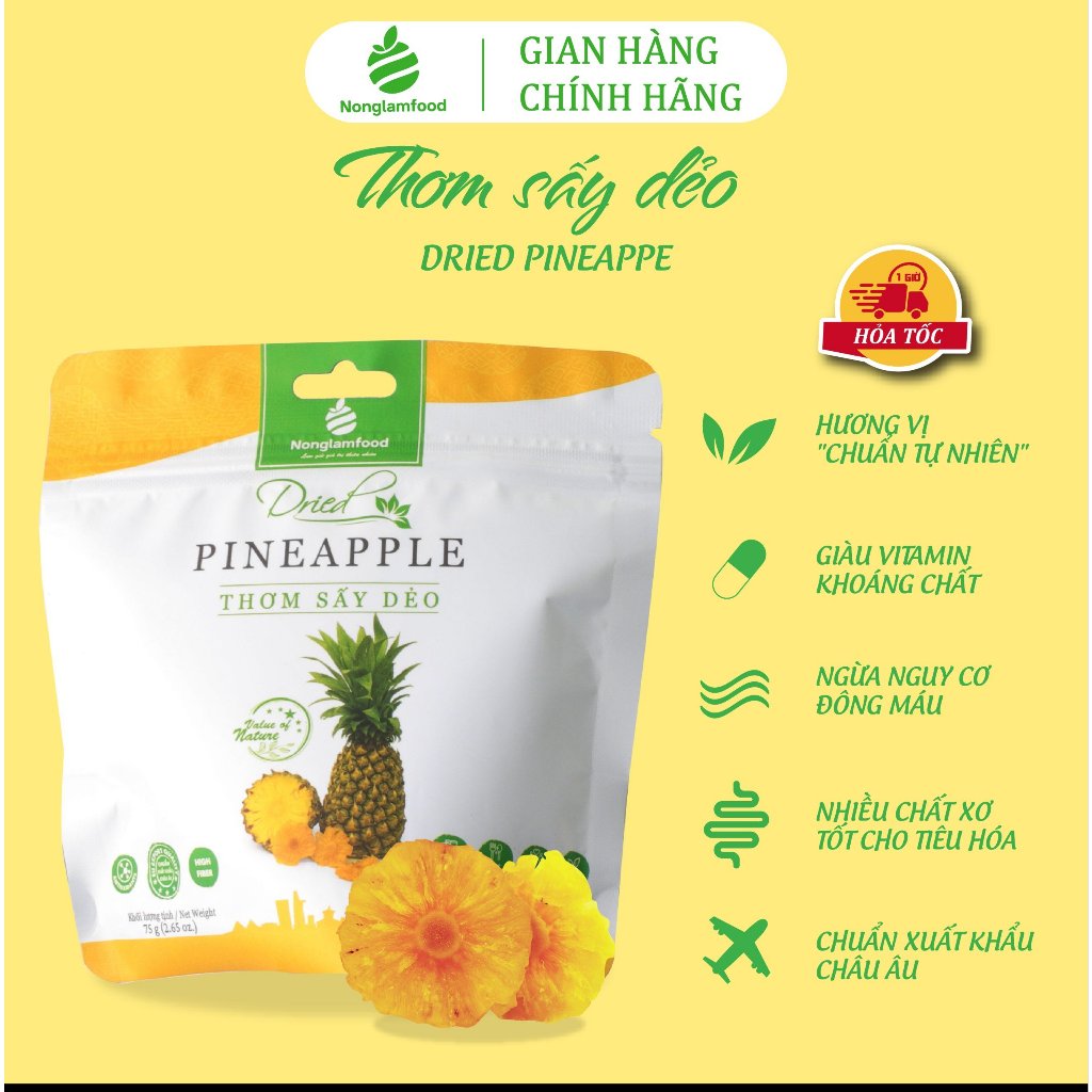 Thơm (Dứa) ít đường sấy dẻo Nonglamfood túi 75g | Tăng cường đề kháng, bổ sung vitamin C, ăn vặt healthy