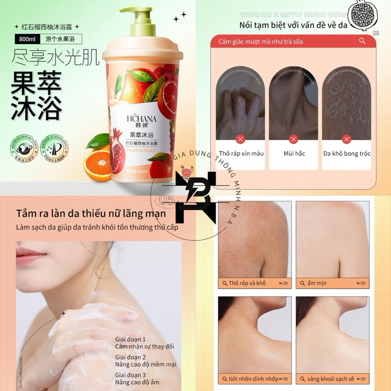 Sữa Tắm Hchana Hương Trái Cây Nhiệt Đới Siêu Thơm, Sữa Tắm Giúp Làm Sạch Sáng Da, Và Mịn Da