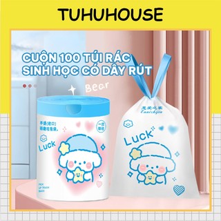Túi đựng rác tự phân hủy có quai rút, cuộn 100 bọc rác sinh học có dây rút tiện dụng cho nhà bếp - TUHUHOUSE