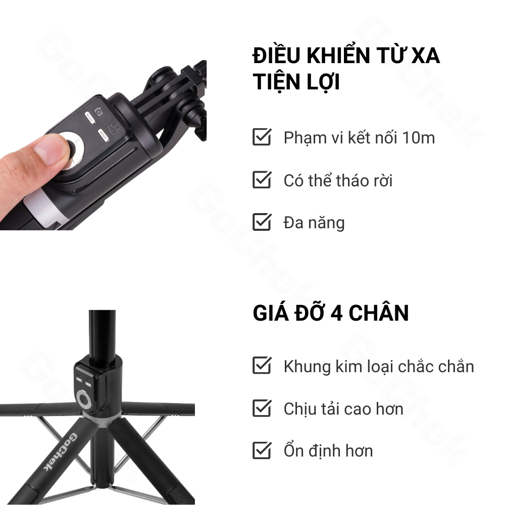 Gậy chụp ảnh tripod/ selfi Gochek SS100 Kết Nối Bluetooh điện thoại, livestream, vlog đa năng kéo dài 2m2 Bảo hành 2 năm