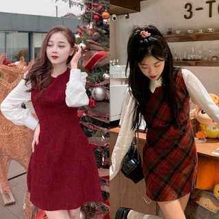 Đầm đỏ xòe tay phồng trắng dễ thương
