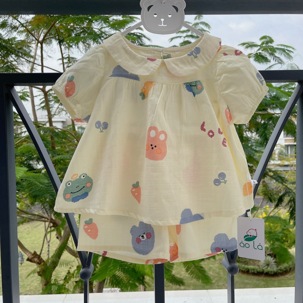 Bộ hè bé gái áo babydoll cánh tiên vải xô hai lớp mềm mát họa tiết thỏ mèo Áo Lá Homewear A049