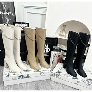 (Boots) Bốt gối nữ da lì xích mũi vuông khoá sau siêu hot đen nâu trắng kem