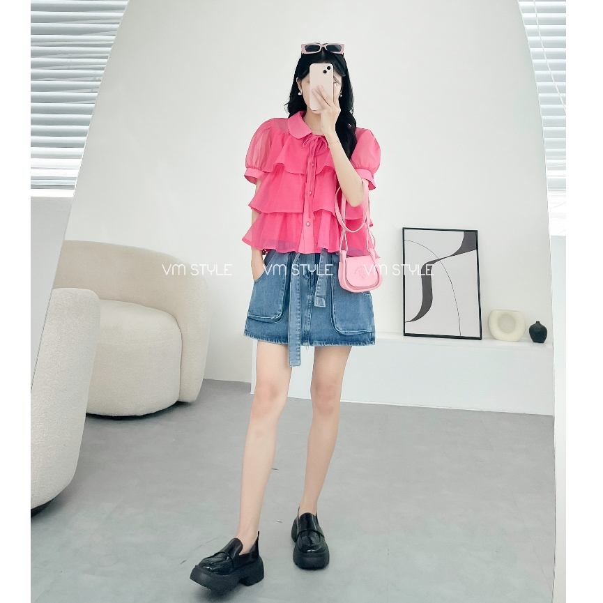 Chân váy jean denim nữ VMSTYLE dáng ngắn cạp cao túi kiểu phối dây cột 13 - CVJ00044