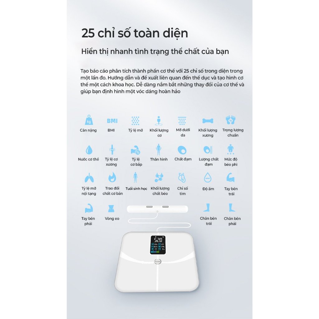Cân điện tử sức khỏe thông minh Rapido RSB-06WS kết nối bluetooth, đo 25 chỉ số, bảo hành 12 tháng