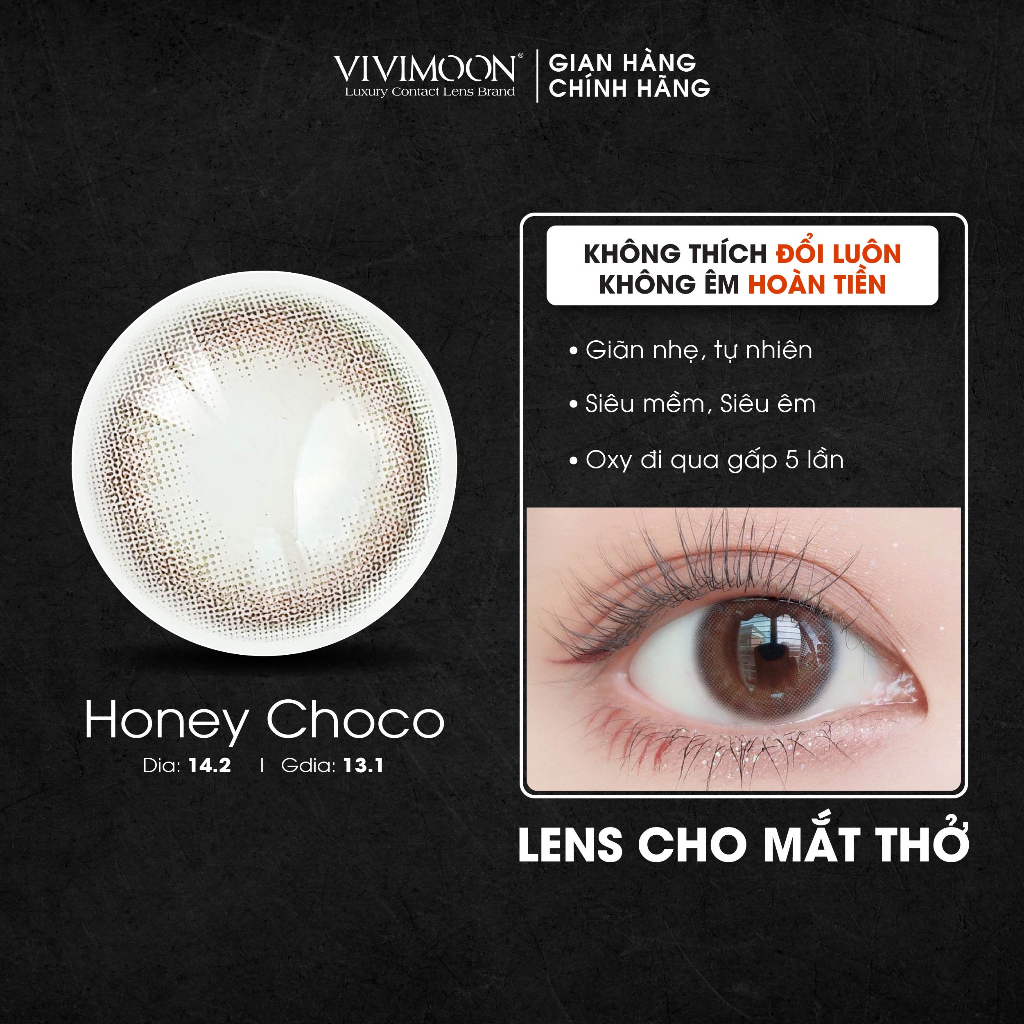 Lens cho mắt thở cận 6 tháng màu nâu tự nhiên Honey Choco kính áp tròng VIVIMOON