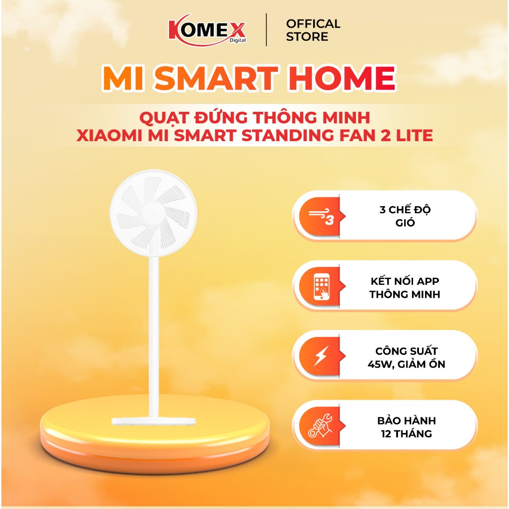 Quạt đứng thông minh Xiaomi Mi Smart Standing Fan 2 Lite Kết nối wifi sử dụng app MiHome, công suất 45W với 3 chế độ gió