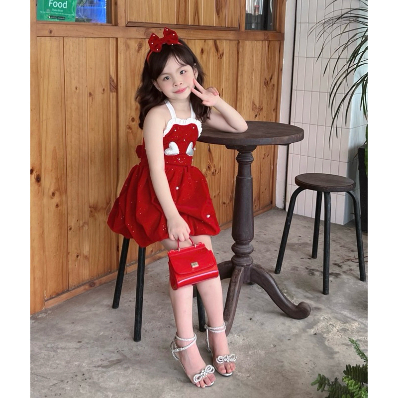 Váy đầm đỏ Noel hở lưng cho bé gái 7-40kg