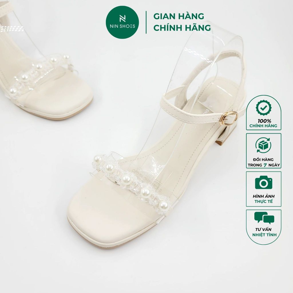 Cao gót nữ Ninshoes Dày cao gót nữ quai mika đính ngọc khóa cài 7p mũi vuông gót vuông