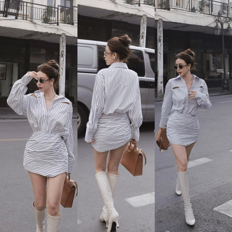 Váy đầm sơ mi cách điệu, form dấu quần phong cách Hàn Quốc kèm đai a02