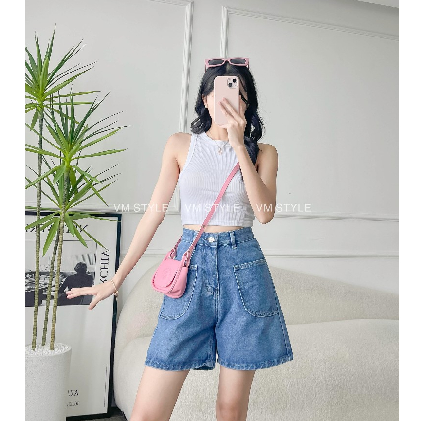 Quần short jean nữ VMSTYLE lai thường 2 túi trước cạp cao 307 - SJU00029