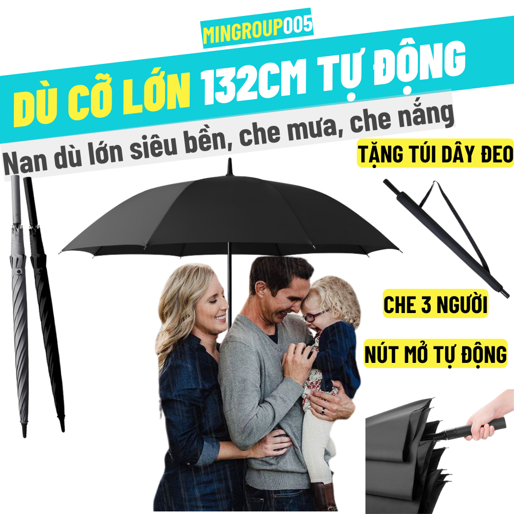 🌂 Ô cỡ lớn che đủ 3 người, dù che mưa size siêu to tán rộng 132cm, ô che nắng cán thẳng cao cấp - BH 12 tháng
