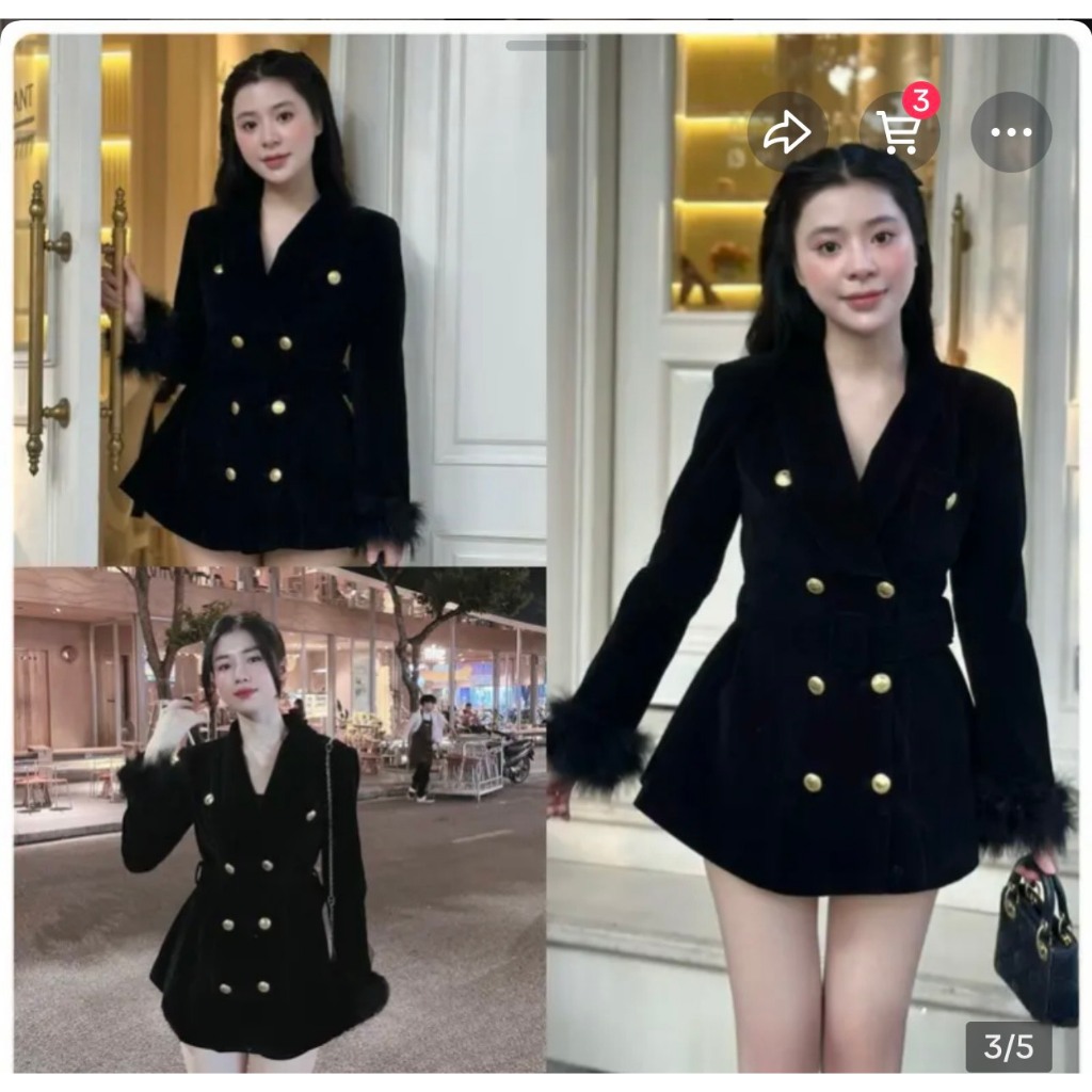 Áo vest dạ tweed vath chéo 6 cúc đồng, váy vest dài tay
