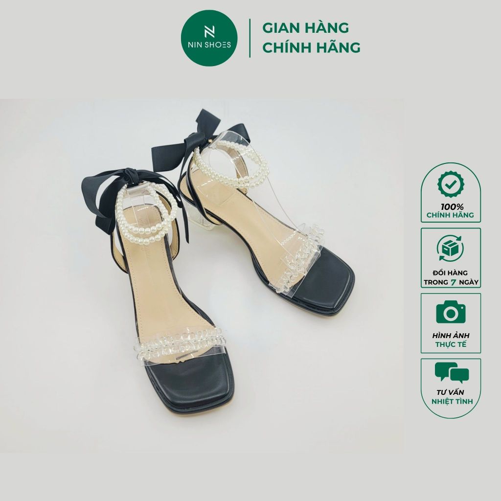 Giày Sandal cao gót nữ Ninshoes Dép sandan 3p vát tag quai nhún vải quai sau chéo khuy cài mũi vuông mix hai màu