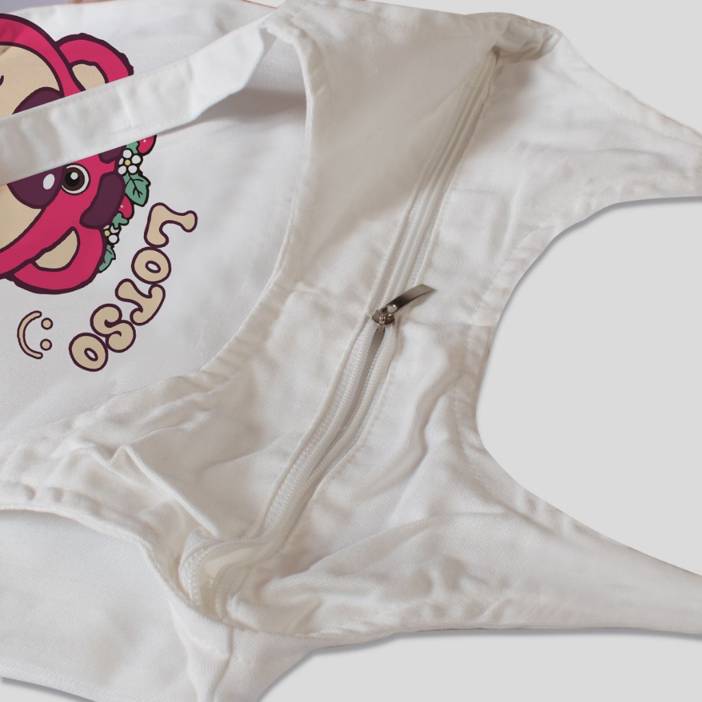 Túi Tote Vải Canvas Quai Tròn Gấu Dâu Hồng Lotso Có Khóa