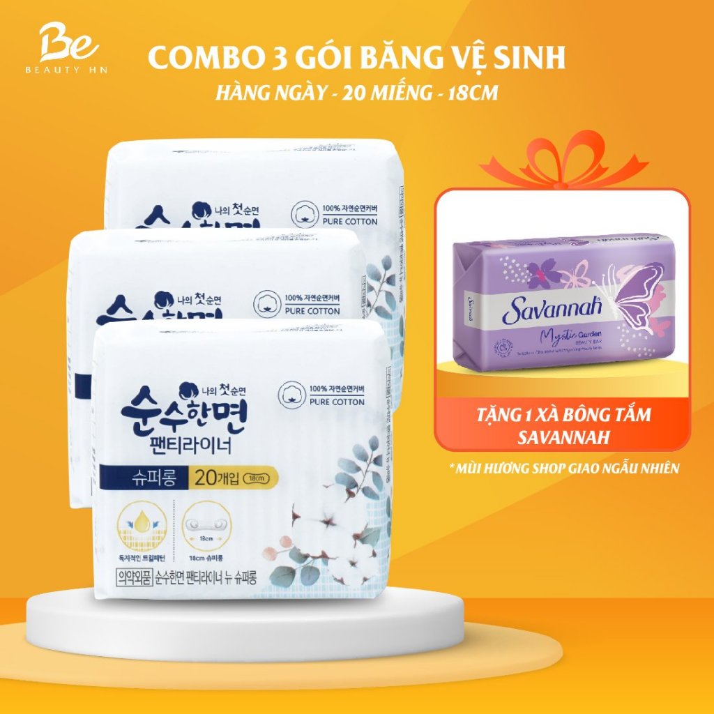 Combo 3 gói băng vệ sinh Kleannara Soonsoohan Hàn Quốc siêu mỏng hàng ngày 18cm - 20 miếng/gói không cánh