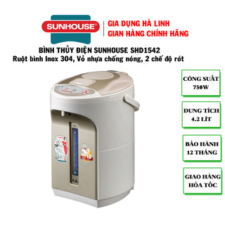 Bình thủy điện Sunhouse SHD1542, Công suất 750W, Dung tích 4,2 lít, Chất liệu ruột bình inox 304, Bảo hành 12 tháng