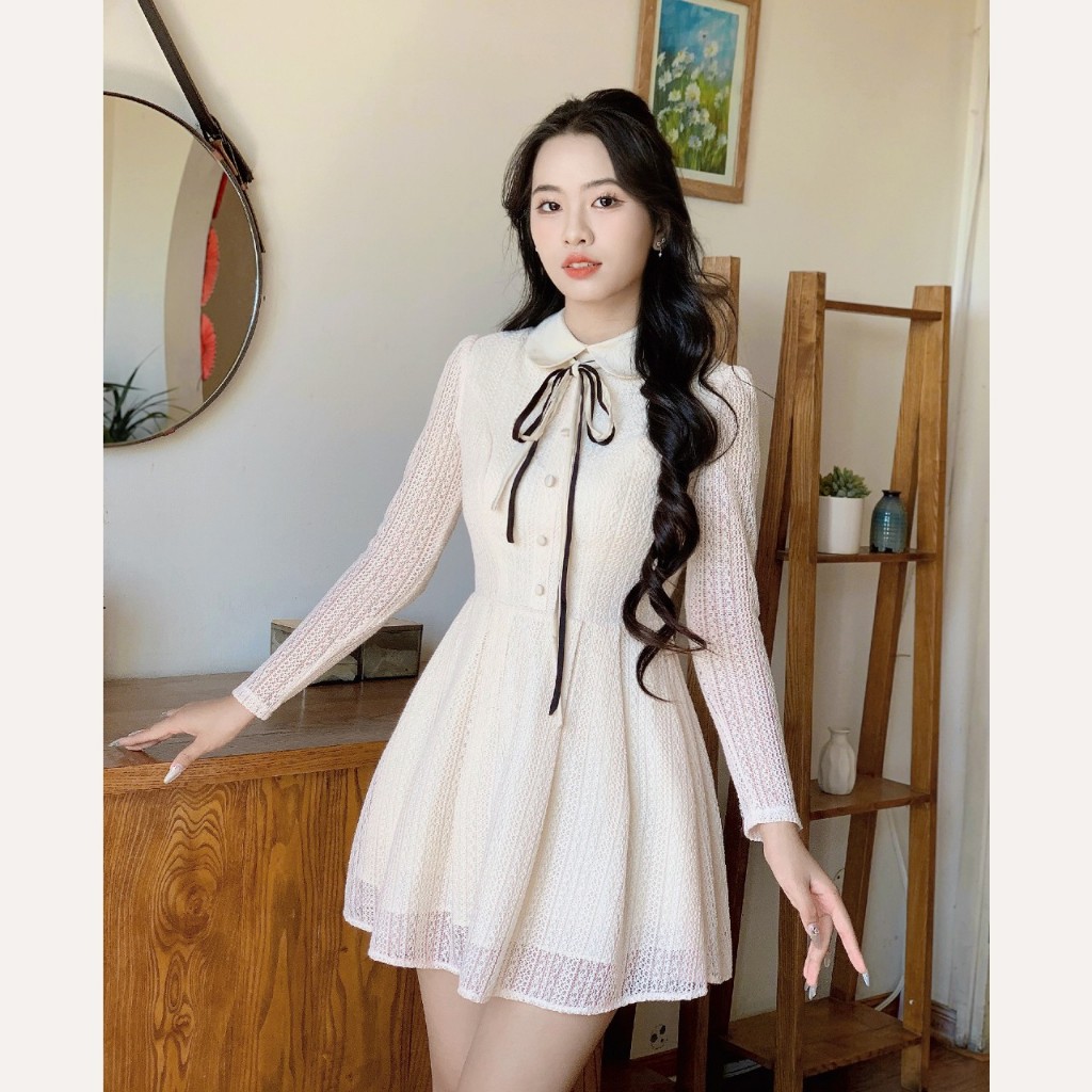 Váy kiểu nữ chất ren dài tay cổ phối dây nơ xinh xắn Linly Store V-VR1