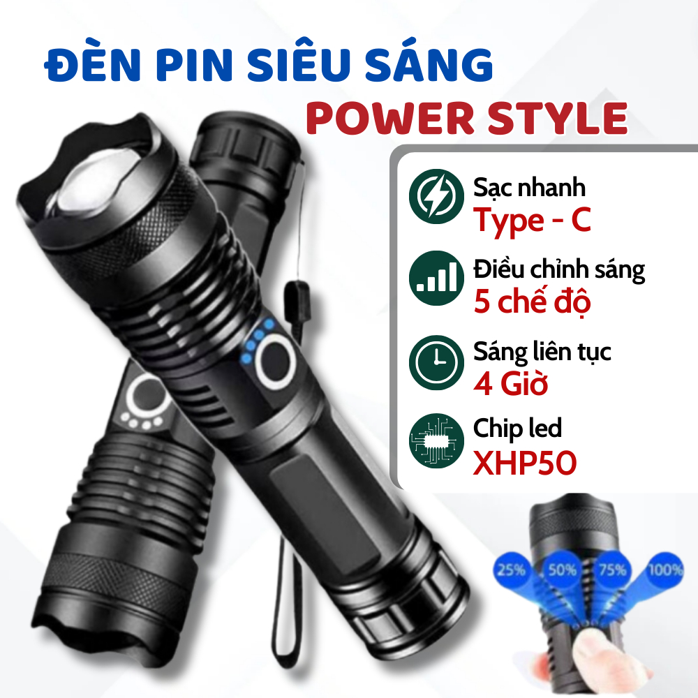 Đèn Pin XHP50 Siêu Sáng Chính Hãng, Đèn Pin Chống Nước 5 Chế Độ Chiếu Pin Siêu Khỏe,Đèn Pin Tích Điện Pin Dung Lượng Lớn