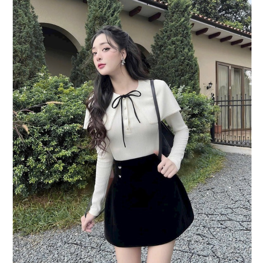 Set Đồ Nữ Đi Chơi, Áo Cách Điệu Tay Dài Phối Chân Váy Nhung Màu Đen Dáng Chữ A Cho Nàng Đi Chơi, Đi Dạo- Minh Phúc