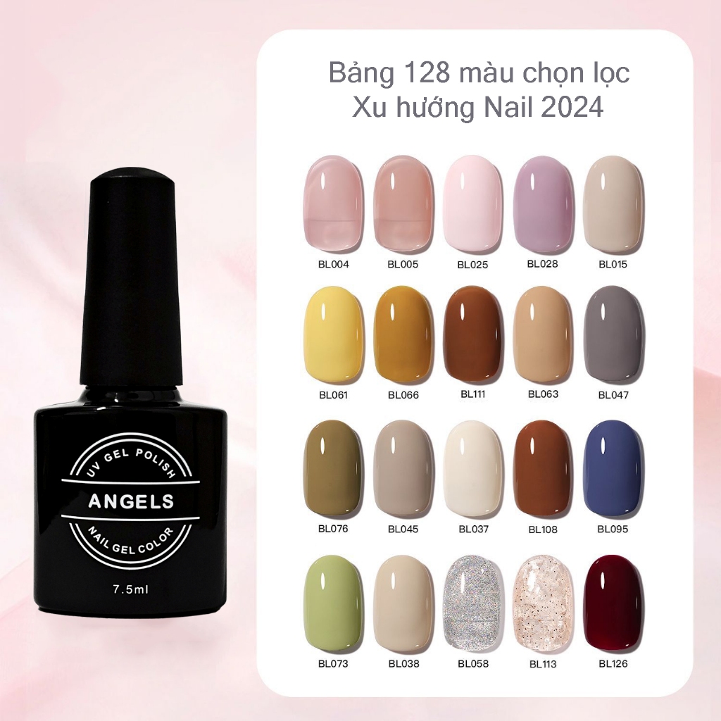 Sơn Gel móng tay Angels 128 màu, dung lượng 7.5ml, các màu đẹp theo mùa, xu hướng 2024  Chuỗi màu thạch