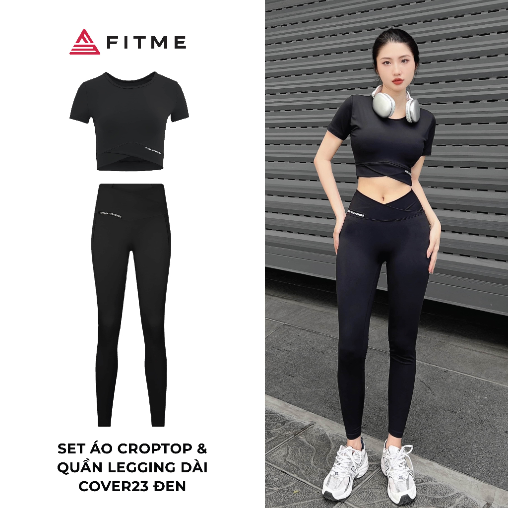 Bộ đồ tập thể thao Áo thun croptop Đen, Quần legging phối xéo Đen tập gym yoga thoáng khí