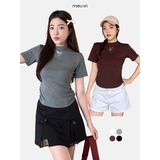 Áo baby tee thun nữ cổ lọ ngắn đính đá hình nơ nhún eo MIEU - KN06