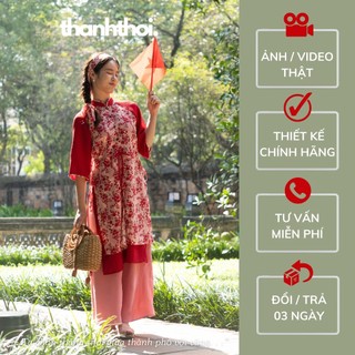 Set Áo dài cách tân nữ hoa nhí thiết kế 4 tà Nhật Quang,hoạ tiết hoa nhí dáng suông, áo dài vintage
