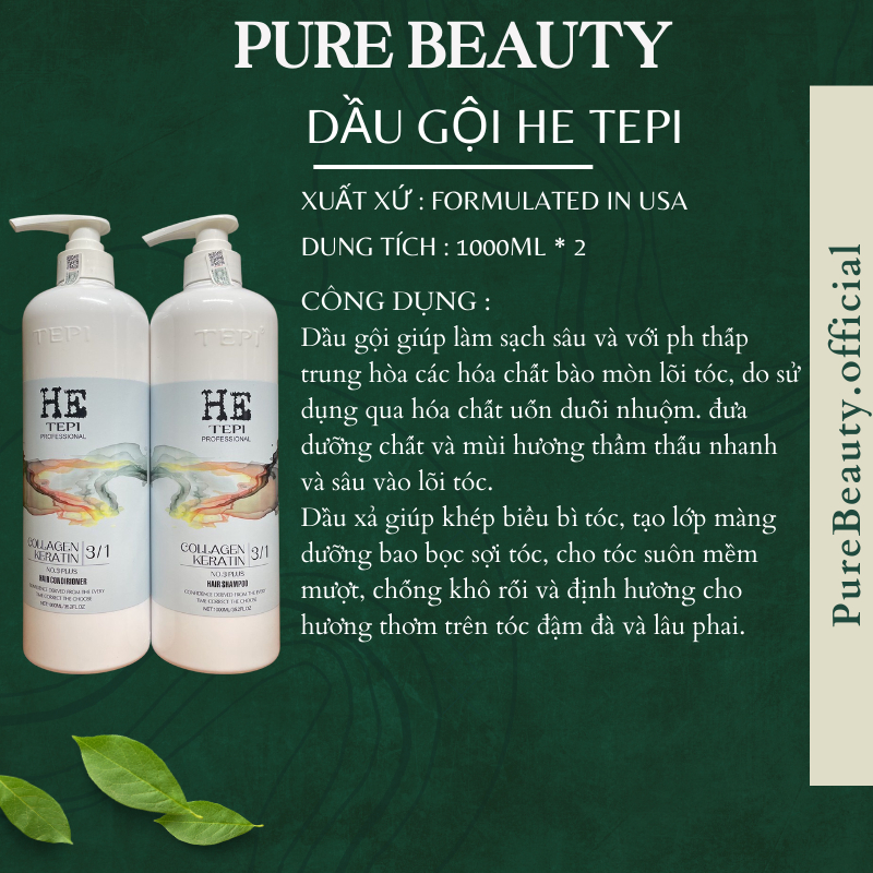 Dầu gội xả keratin HE TEPI 1000ML * 2 Kiềm dầu phục hồi nang tóc siêu mềm mượt hương nước hoa