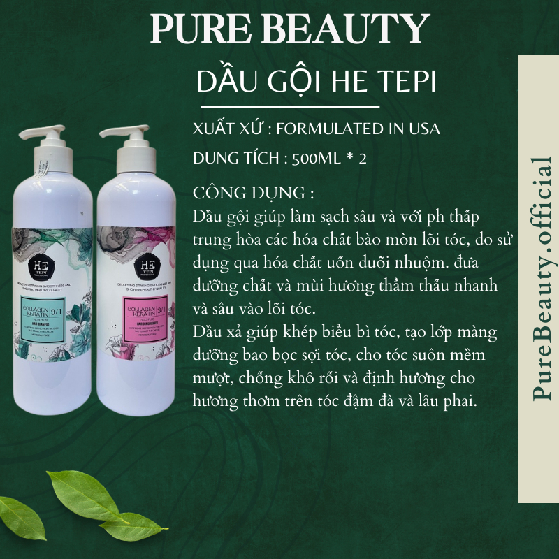 Dầu gội xả keratin HE TEPI 1000ML * 2 Kiềm dầu phục hồi nang tóc siêu mềm mượt hương nước hoa