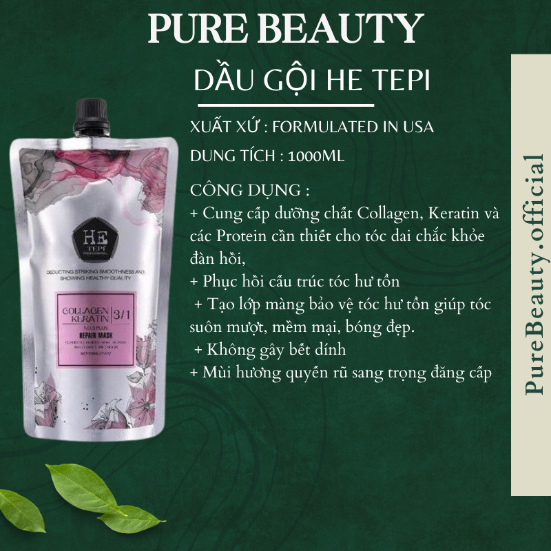 Dầu gội xả keratin HE TEPI 1000ML * 2 Kiềm dầu phục hồi nang tóc siêu mềm mượt hương nước hoa